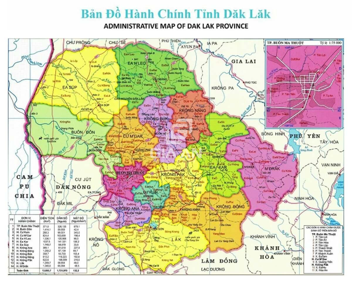 Bản đồ hành chính tỉnh Đắk Lắk