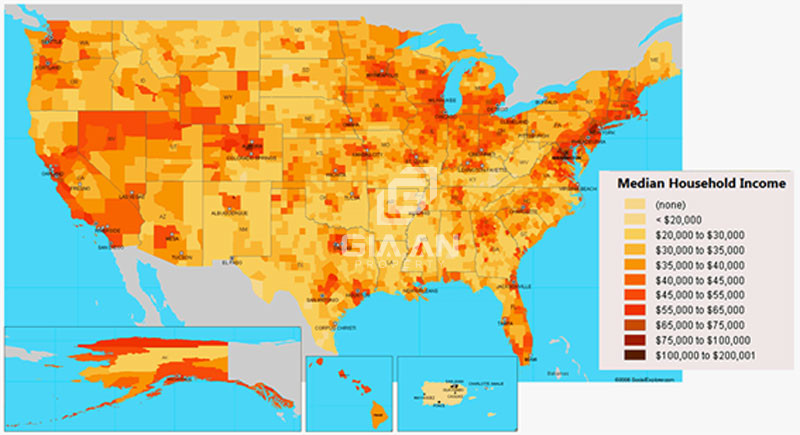 Bản đồ thu nhập trung bình tại các tiểu bang của Mỹ